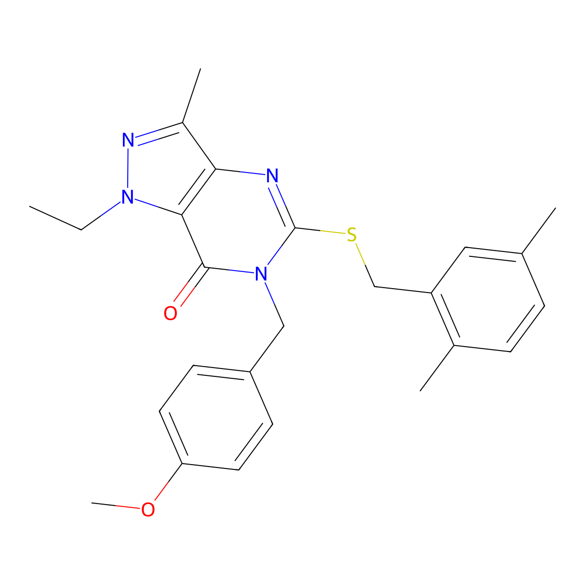 5-((2,5-dimethylbenzyl)thio)-1-ethyl-6-(4-methoxybenzyl)-3-methyl-1H-pyrazolo[4,3-d]pyrimidin-7(6H)-one molecular structure, CAS 1359433-62-7
