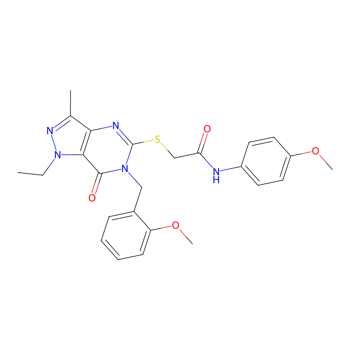 2-({1-ethyl-6-[(2-methoxyphenyl)methyl]-3-methyl-7-oxo-1H,6H,7H-pyrazolo[4,3-d]pyrimidin-5-yl}sulfanyl)-N-(4-methoxyphenyl)acetamide molecular structure, CAS 1359434-77-7