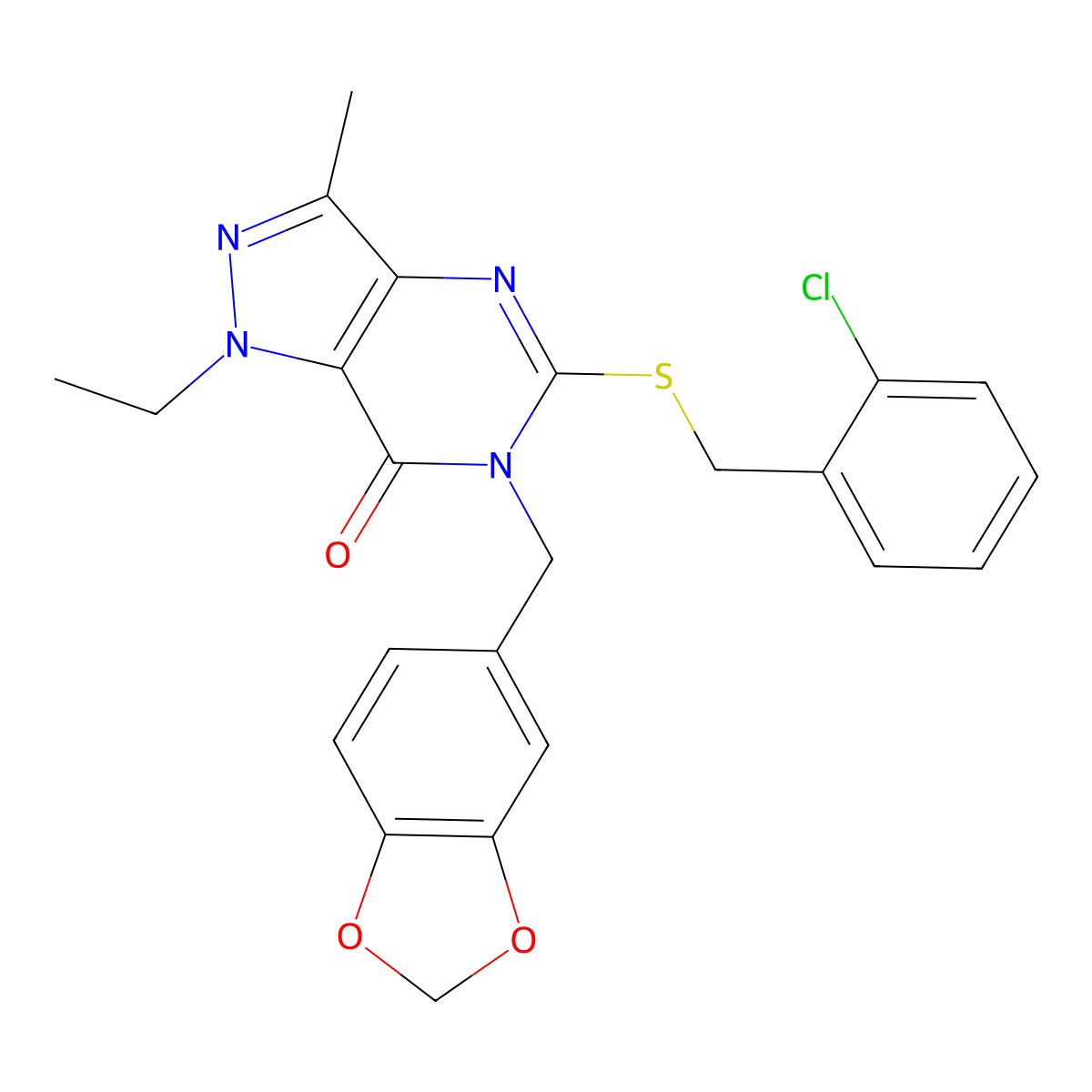 6-(benzo[d][1,3]dioxol-5-ylmethyl)-5-((2-chlorobenzyl)thio)-1-ethyl-3-methyl-1H-pyrazolo[4,3-d]pyrimidin-7(6H)-one molecular structure, CAS 1359435-14-5