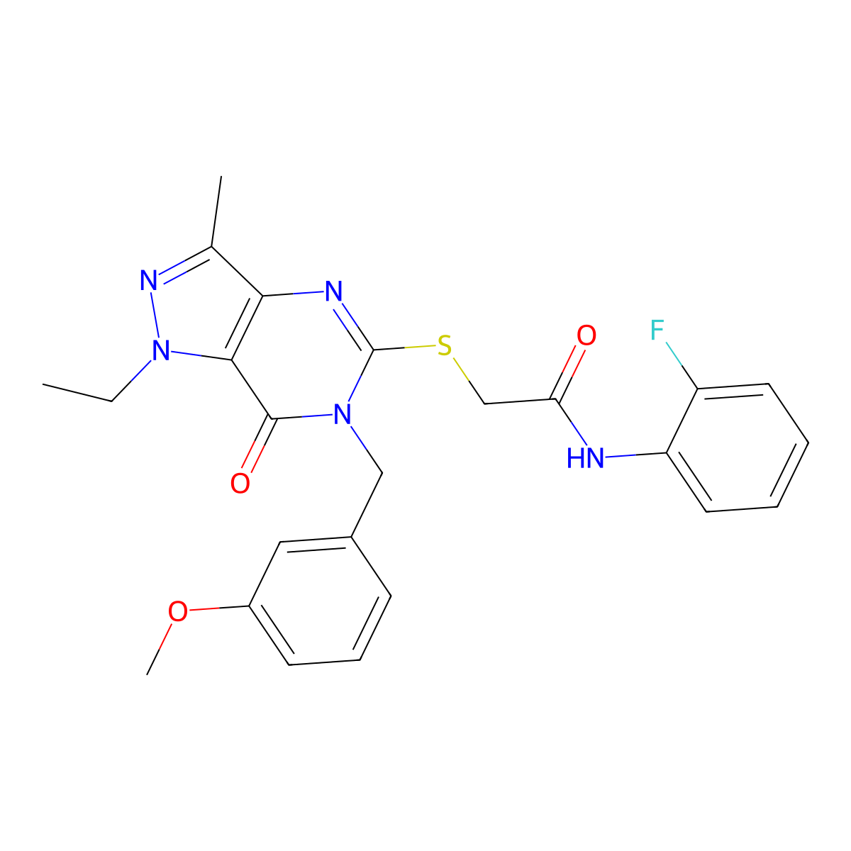 2-({1-ethyl-6-[(3-methoxyphenyl)methyl]-3-methyl-7-oxo-1H,6H,7H-pyrazolo[4,3-d]pyrimidin-5-yl}sulfanyl)-N-(2-fluorophenyl)acetamide molecular structure, CAS 1359435-24-7