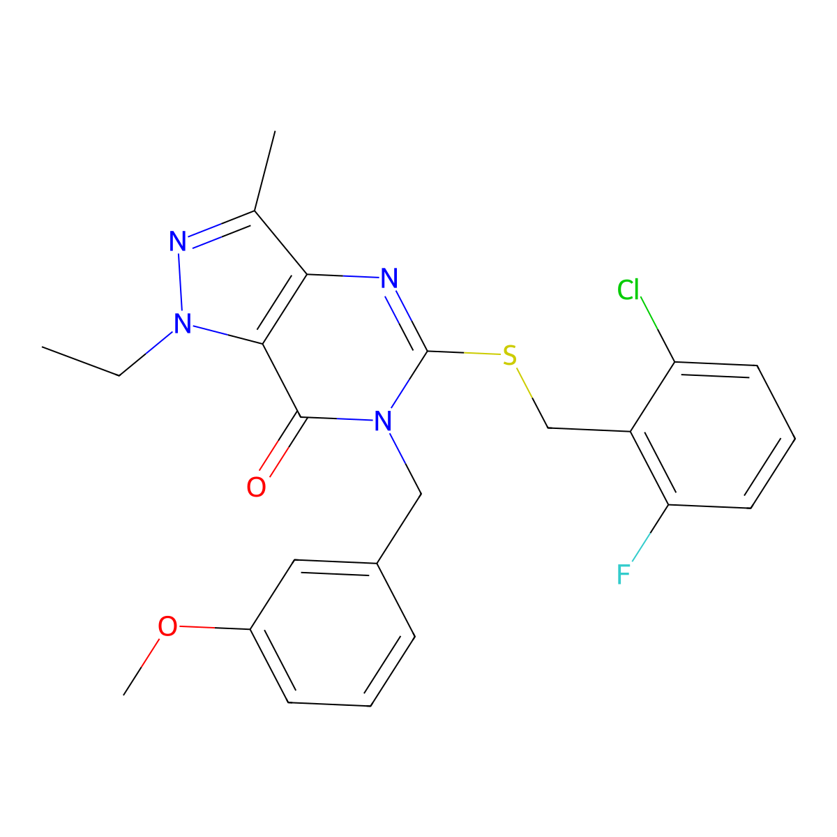 5-((2-chloro-6-fluorobenzyl)thio)-1-ethyl-6-(3-methoxybenzyl)-3-methyl-1H-pyrazolo[4,3-d]pyrimidin-7(6H)-one molecular structure, CAS 1359435-30-5