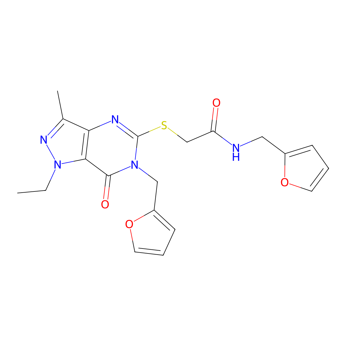 2-((1-ethyl-6-(furan-2-ylmethyl)-3-methyl-7-oxo-6,7-dihydro-1H-pyrazolo[4,3-d]pyrimidin-5-yl)thio)-N-(furan-2-ylmethyl)acetamide molecular structure, CAS 1359435-38-3
