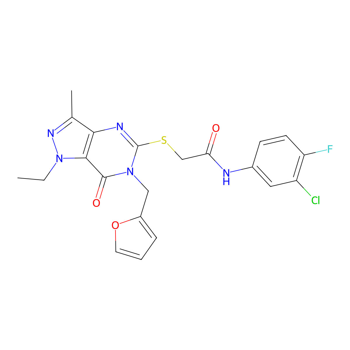 N-(3-chloro-4-fluorophenyl)-2-((1-ethyl-6-(furan-2-ylmethyl)-3-methyl-7-oxo-6,7-dihydro-1H-pyrazolo[4,3-d]pyrimidin-5-yl)thio)acetamide molecular structure, CAS 1359435-44-1