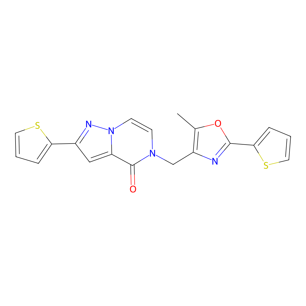 5-((5-methyl-2-(thiophen-2-yl)oxazol-4-yl)methyl)-2-(thiophen-2-yl)pyrazolo[1,5-a]pyrazin-4(5H)-one molecular structure, CAS 1359442-80-0