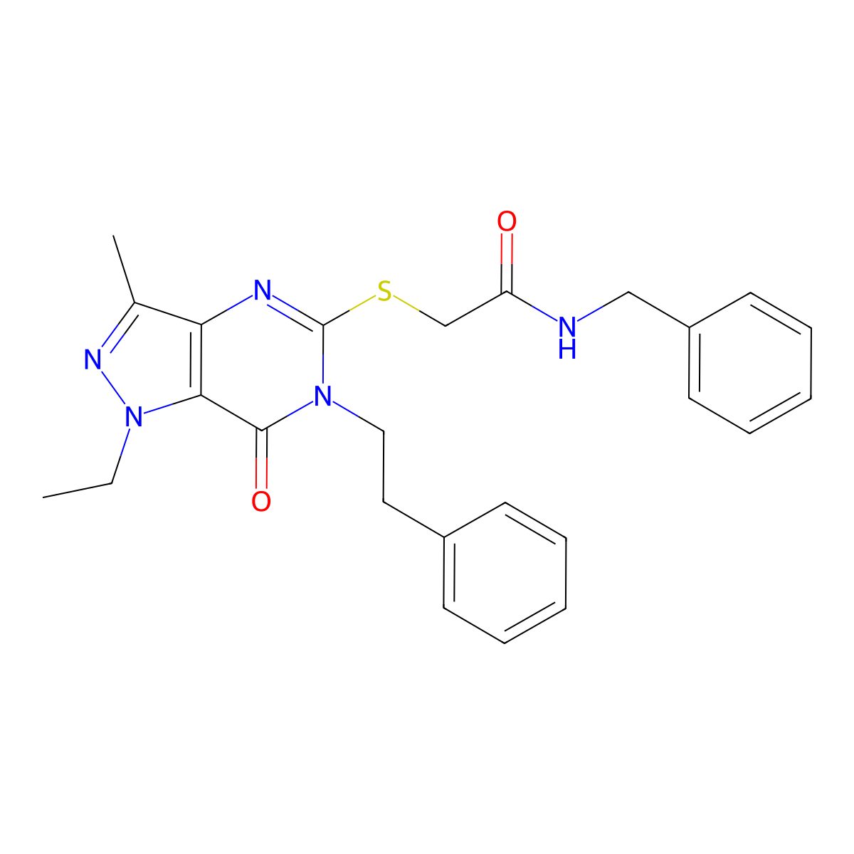 N-benzyl-2-{[1-ethyl-3-methyl-7-oxo-6-(2-phenylethyl)-1H,6H,7H-pyrazolo[4,3-d]pyrimidin-5-yl]sulfanyl}acetamide molecular structure, CAS 1359445-60-5