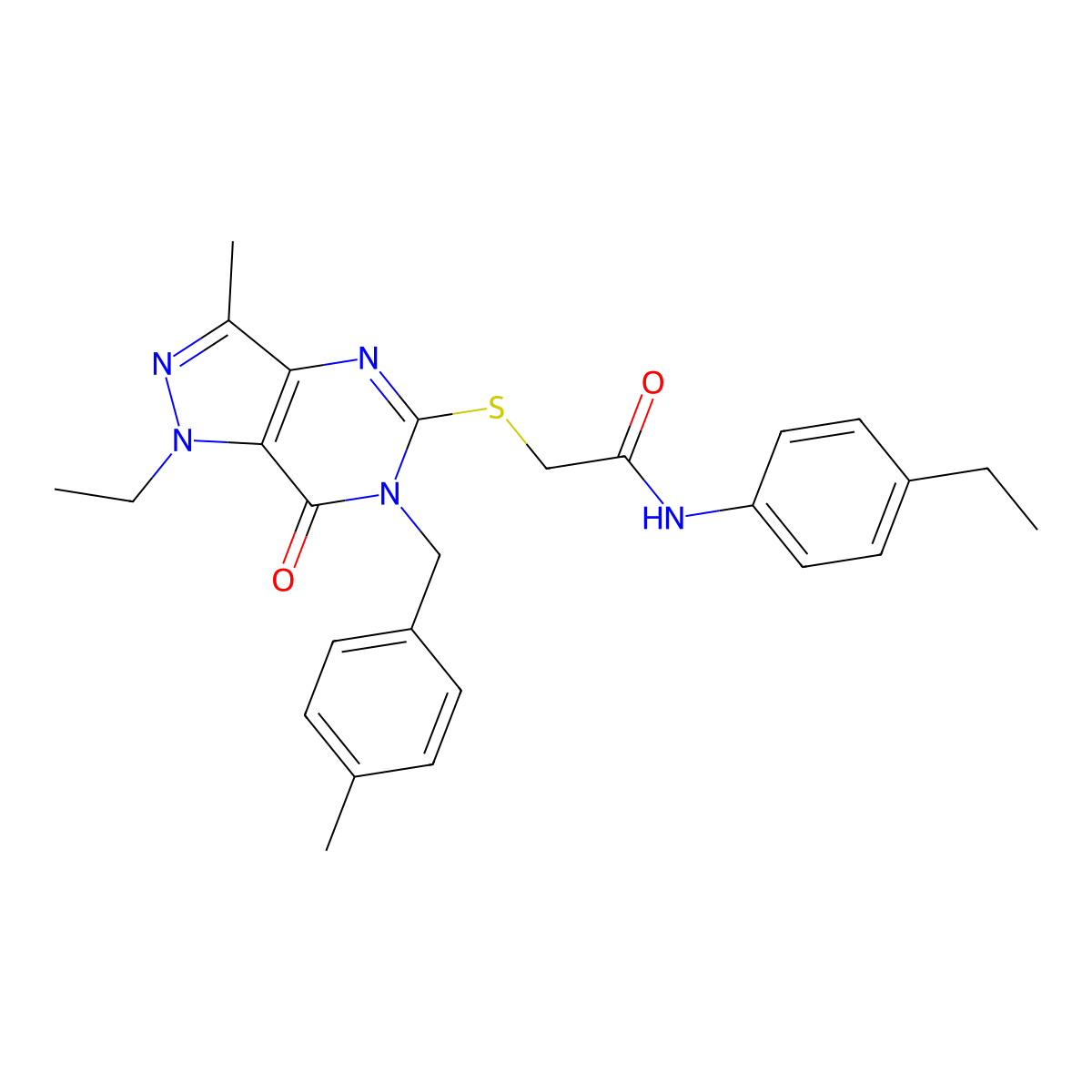 2-({1-ethyl-3-methyl-6-[(4-methylphenyl)methyl]-7-oxo-1H,6H,7H-pyrazolo[4,3-d]pyrimidin-5-yl}sulfanyl)-N-(4-ethylphenyl)acetamide molecular structure, CAS 1359445-87-6