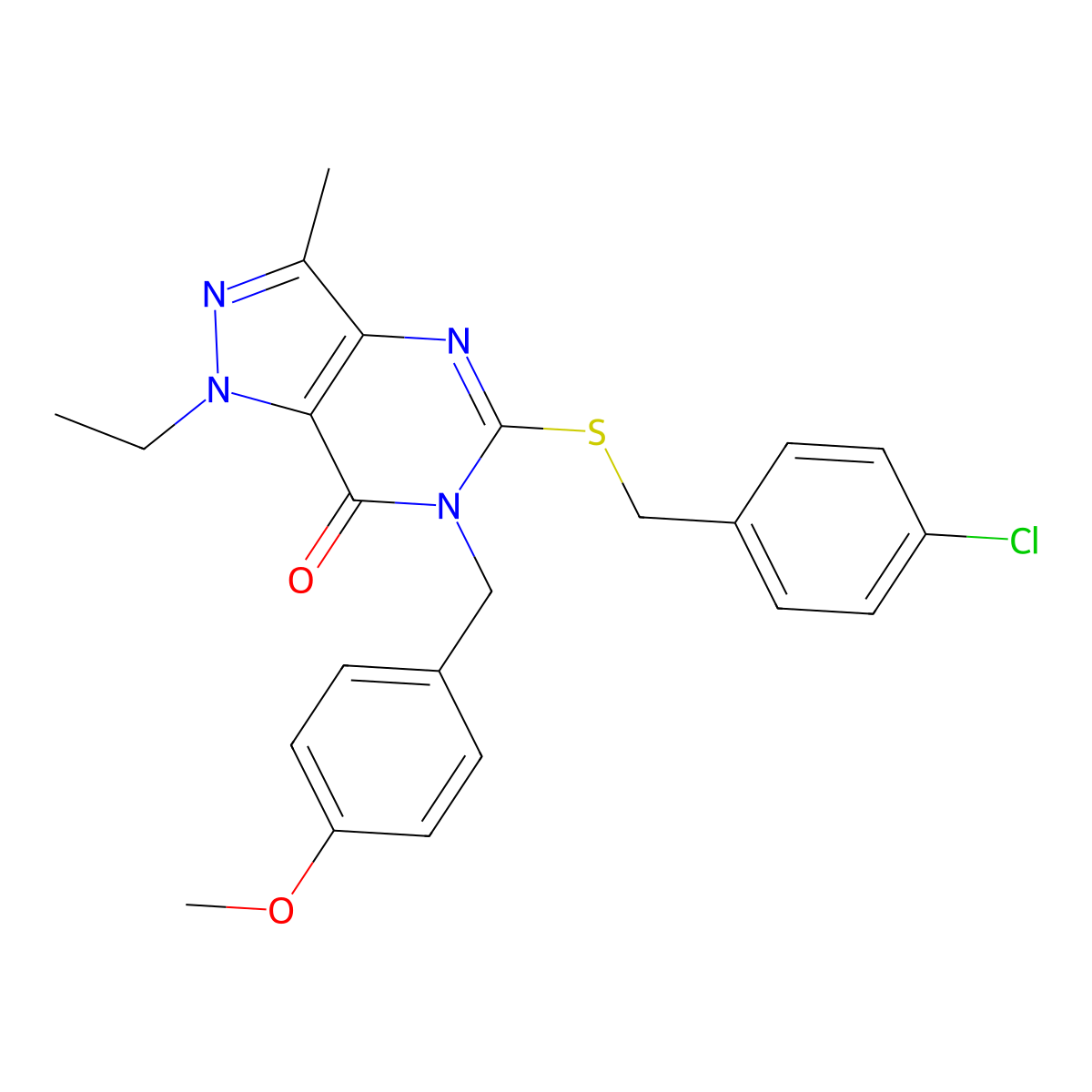5-((4-chlorobenzyl)thio)-1-ethyl-6-(4-methoxybenzyl)-3-methyl-1H-pyrazolo[4,3-d]pyrimidin-7(6H)-one molecular structure, CAS 1359446-13-1