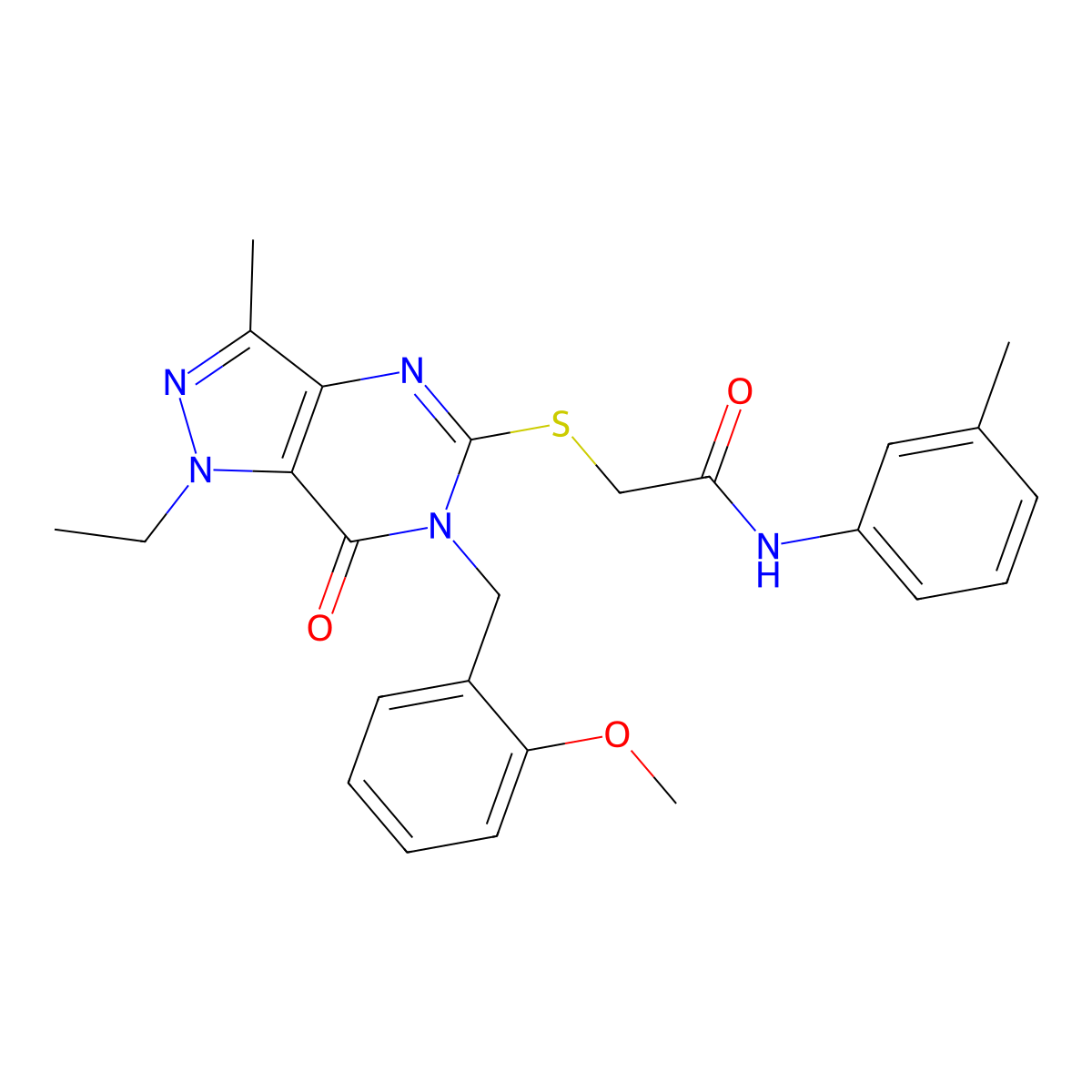 2-((1-ethyl-6-(2-methoxybenzyl)-3-methyl-7-oxo-6,7-dihydro-1H-pyrazolo[4,3-d]pyrimidin-5-yl)thio)-N-(m-tolyl)acetamide molecular structure, CAS 1359446-30-2