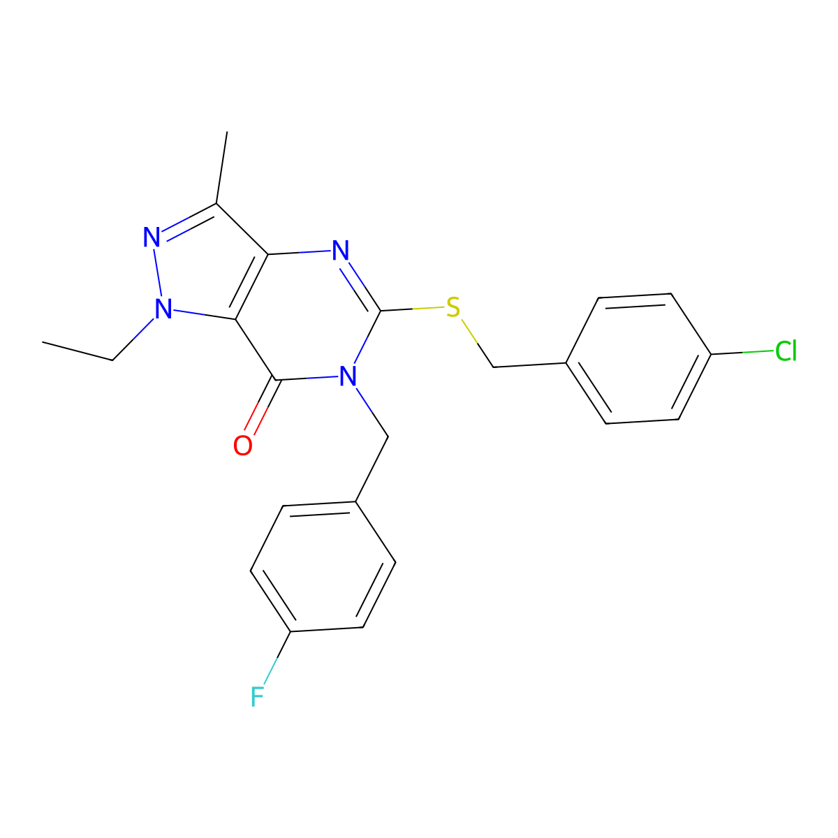 5-((4-chlorobenzyl)thio)-1-ethyl-6-(4-fluorobenzyl)-3-methyl-1H-pyrazolo[4,3-d]pyrimidin-7(6H)-one molecular structure, CAS 1359446-65-3