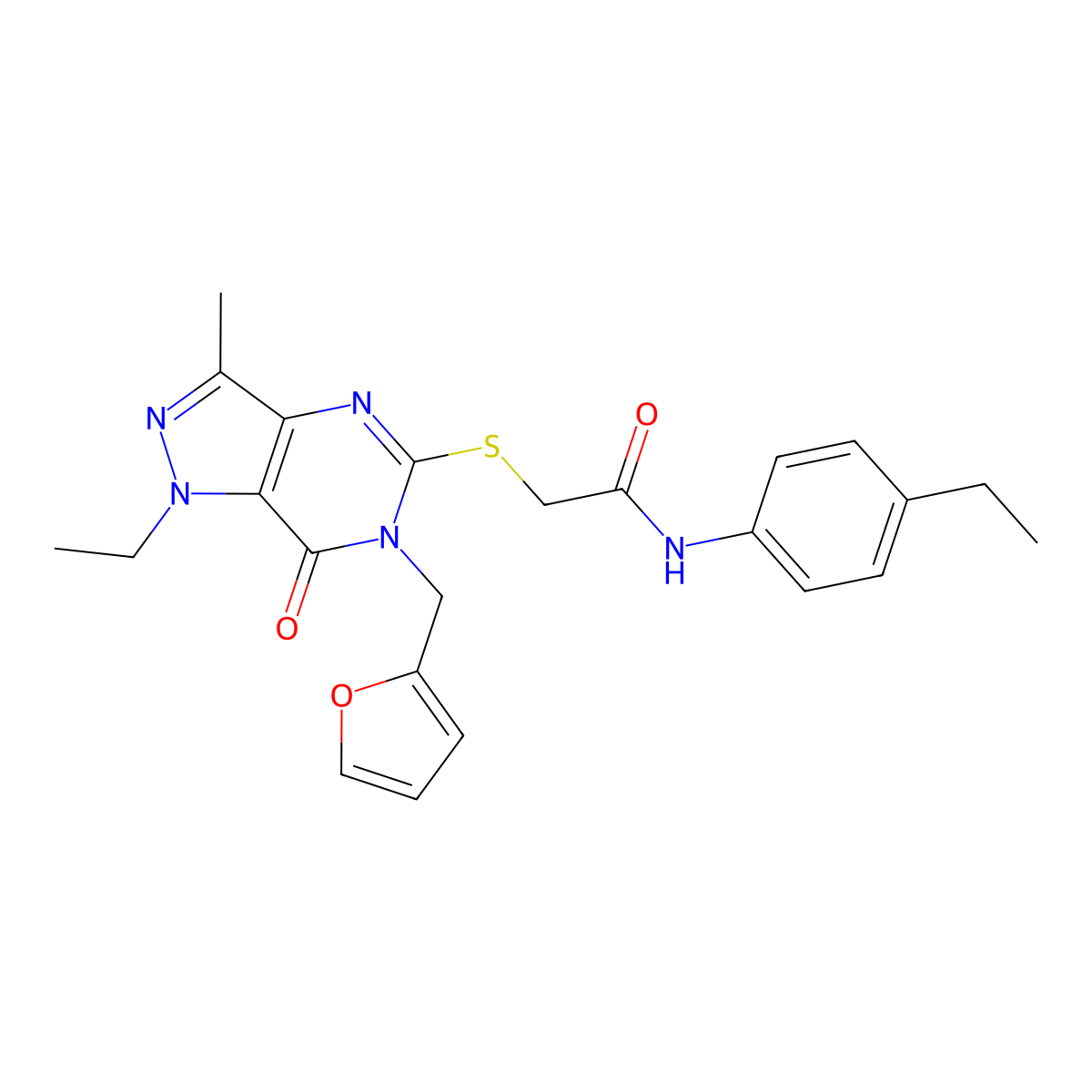 2-((1-ethyl-6-(furan-2-ylmethyl)-3-methyl-7-oxo-6,7-dihydro-1H-pyrazolo[4,3-d]pyrimidin-5-yl)thio)-N-(4-ethylphenyl)acetamide molecular structure, CAS 1359447-03-2