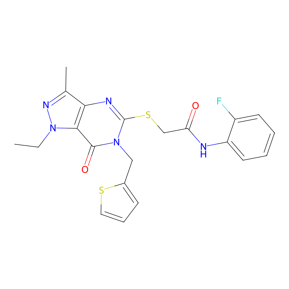 2-((1-ethyl-3-methyl-7-oxo-6-(thiophen-2-ylmethyl)-6,7-dihydro-1H-pyrazolo[4,3-d]pyrimidin-5-yl)thio)-N-(2-fluorophenyl)acetamide molecular structure, CAS 1359447-10-1