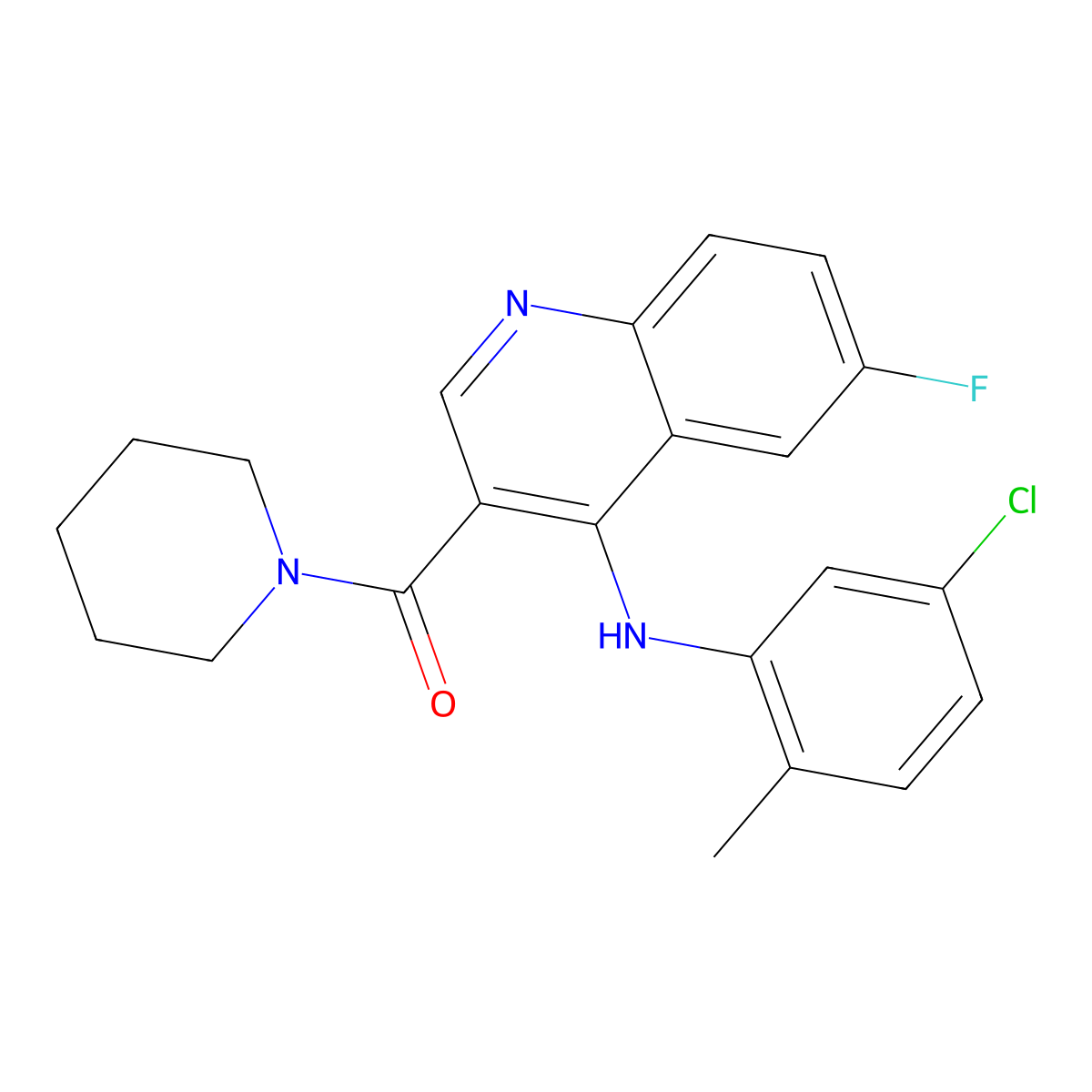 (4-((5-Chloro-2-methylphenyl)amino)-6-fluoroquinolin-3-yl)(piperidin-1-yl)methanone molecular structure, CAS 1359450-65-9