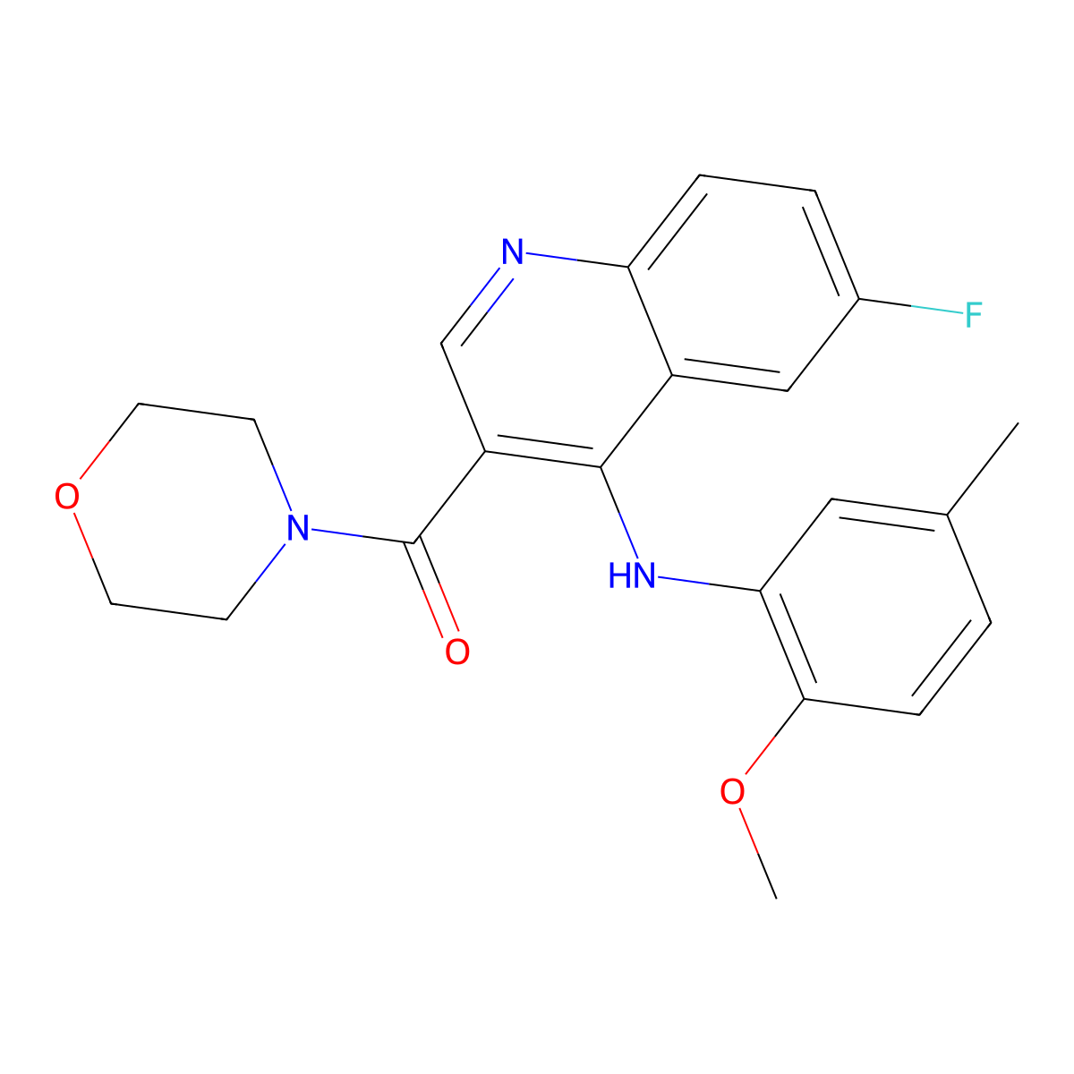 (6-Fluoro-4-((2-methoxy-5-methylphenyl)amino)quinolin-3-yl)(morpholino)methanone molecular structure, CAS 1359450-76-2