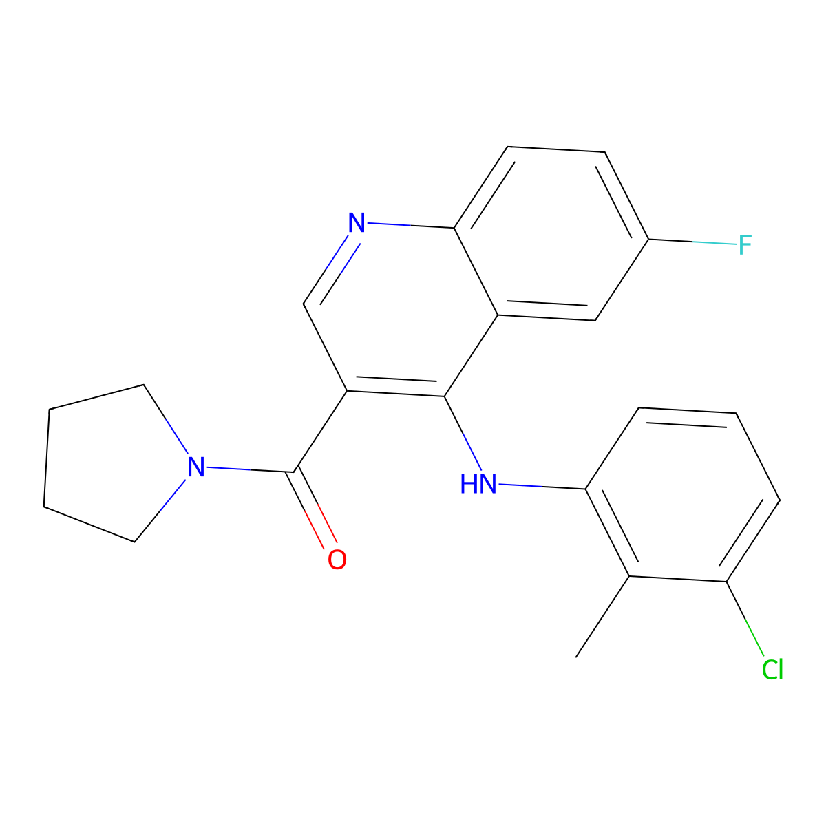 (4-((3-Chloro-2-methylphenyl)amino)-6-fluoroquinolin-3-yl)(pyrrolidin-1-yl)methanone molecular structure, CAS 1359451-66-3
