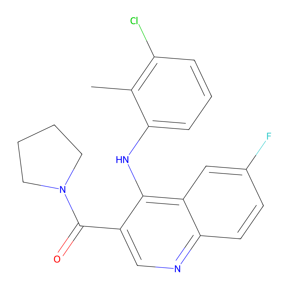 (4-((3-Chloro-2-methylphenyl)amino)-6-fluoroquinolin-3-yl)(pyrrolidin-1-yl)methanone molecular structure, CAS 1359451-66-3
