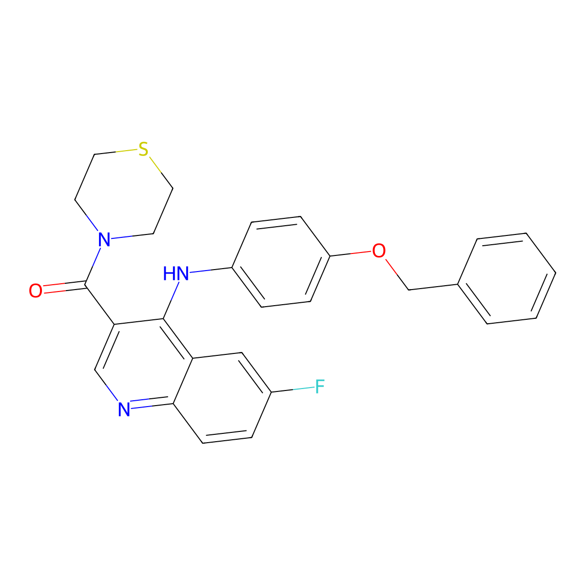 (4-((4-(Benzyloxy)phenyl)amino)-6-fluoroquinolin-3-yl)(thiomorpholino)methanone molecular structure, CAS 1359452-01-9
