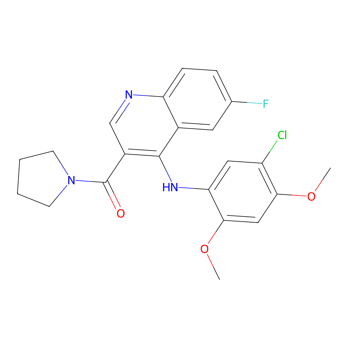 (4-((5-Chloro-2,4-dimethoxyphenyl)amino)-6-fluoroquinolin-3-yl)(pyrrolidin-1-yl)methanone molecular structure, CAS 1359452-13-3