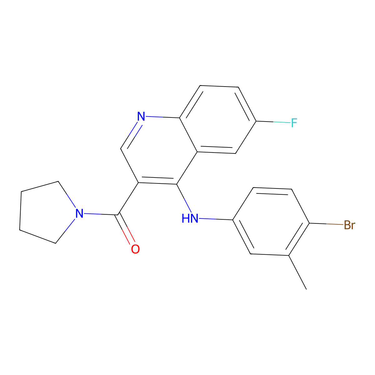 (4-((4-Bromo-3-methylphenyl)amino)-6-fluoroquinolin-3-yl)(pyrrolidin-1-yl)methanone molecular structure, CAS 1359452-20-2