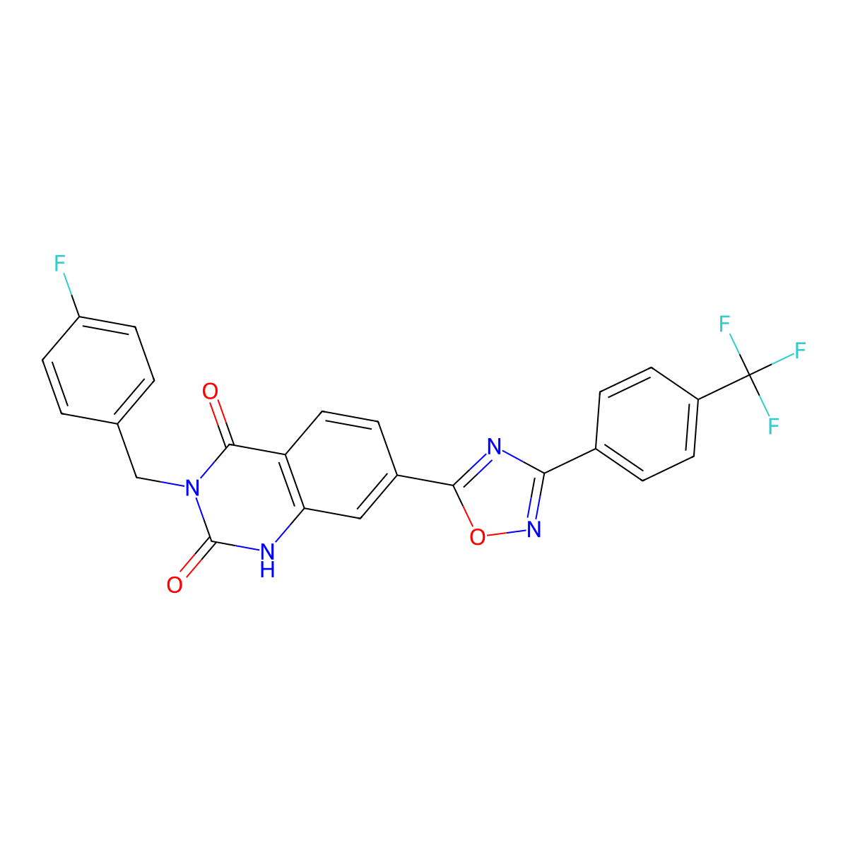 3-(4-fluorobenzyl)-7-(3-(4-(trifluoromethyl)phenyl)-1,2,4-oxadiazol-5-yl)quinazoline-2,4(1H,3H)-dione molecular structure, CAS 1359453-24-9