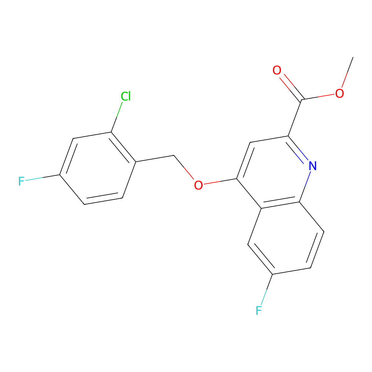 Methyl 4-[(2-chloro-4-fluorophenyl)methoxy]-6-fluoroquinoline-2-carboxylate molecular structure, CAS 1359500-28-9