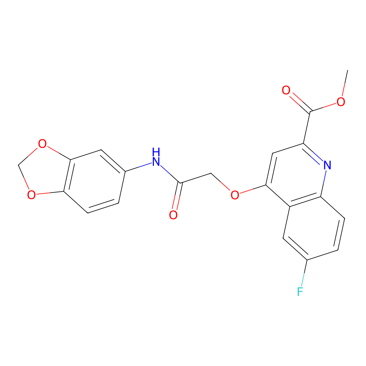 Methyl 4-(2-(benzo[d][1,3]dioxol-5-ylamino)-2-oxoethoxy)-6-fluoroquinoline-2-carboxylate molecular structure, CAS 1359508-83-0