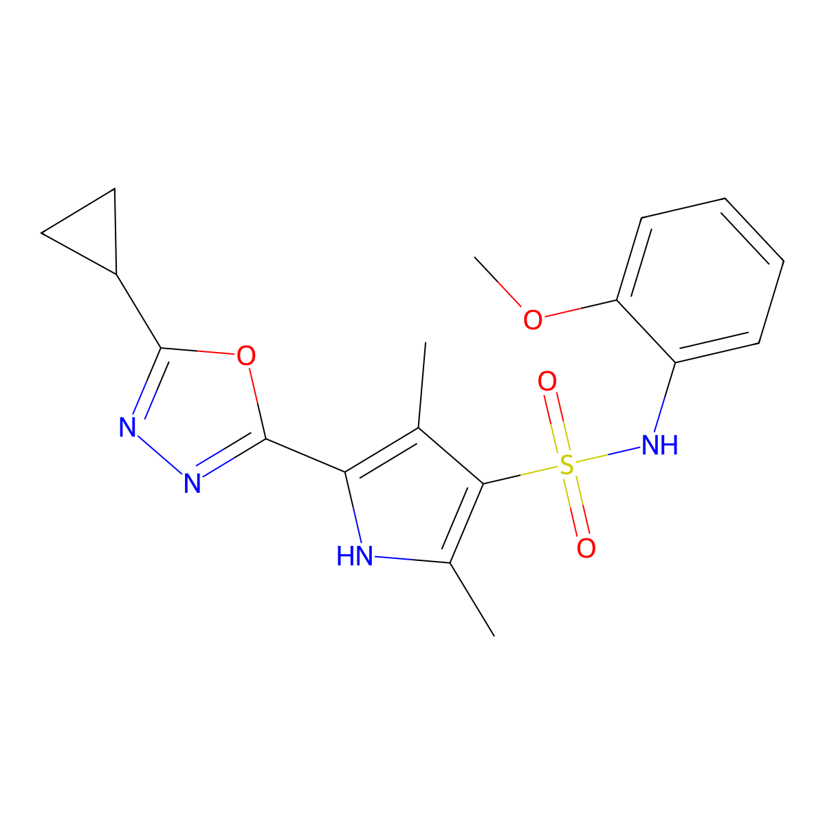 5-(5-cyclopropyl-1,3,4-oxadiazol-2-yl)-N-(2-methoxyphenyl)-2,4-dimethyl-1H-pyrrole-3-sulfonamide molecular structure, CAS 1359544-69-6