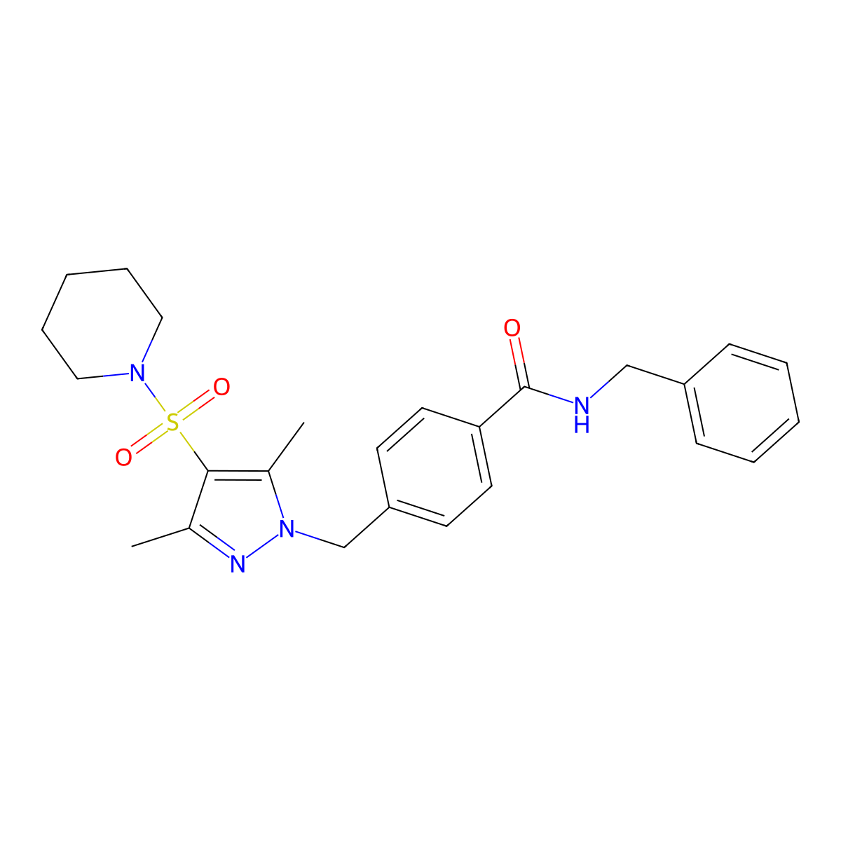 N-Benzyl-4-{[3,5-dimethyl-4-(piperidine-1-sulfonyl)-1H-pyrazol-1-YL]methyl}benzamide molecular structure, CAS 1359585-26-4