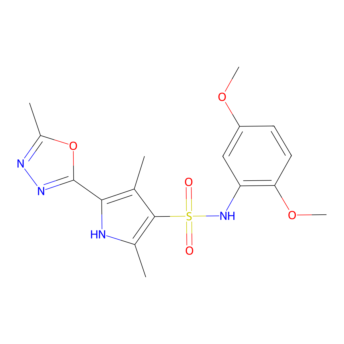 N-(2,5-dimethoxyphenyl)-2,4-dimethyl-5-(5-methyl-1,3,4-oxadiazol-2-yl)-1H-pyrrole-3-sulfonamide molecular structure, CAS 1359627-39-6