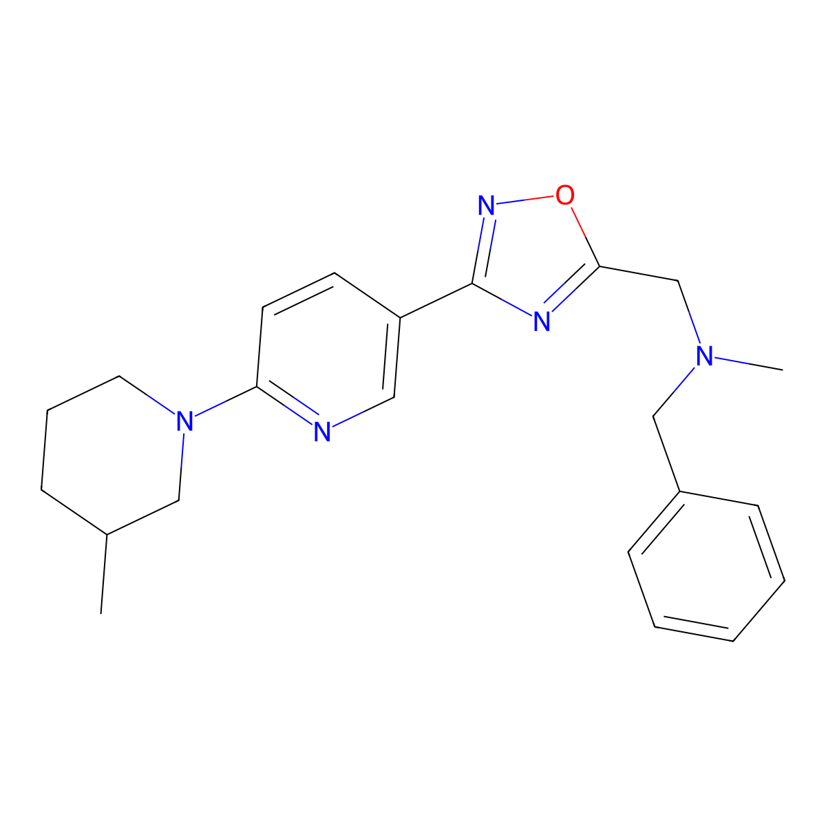 Benzyl(methyl)({3-[6-(3-methylpiperidin-1-YL)pyridin-3-YL]-1,2,4-oxadiazol-5-YL}methyl)amine molecular structure, CAS 1359642-20-8