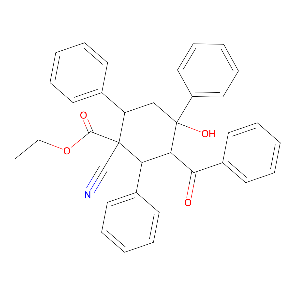 Ethyl 3-benzoyl-1-cyano-4-hydroxy-2,4,6-triphenylcyclohexanecarboxylate molecular structure, CAS 135969-88-9