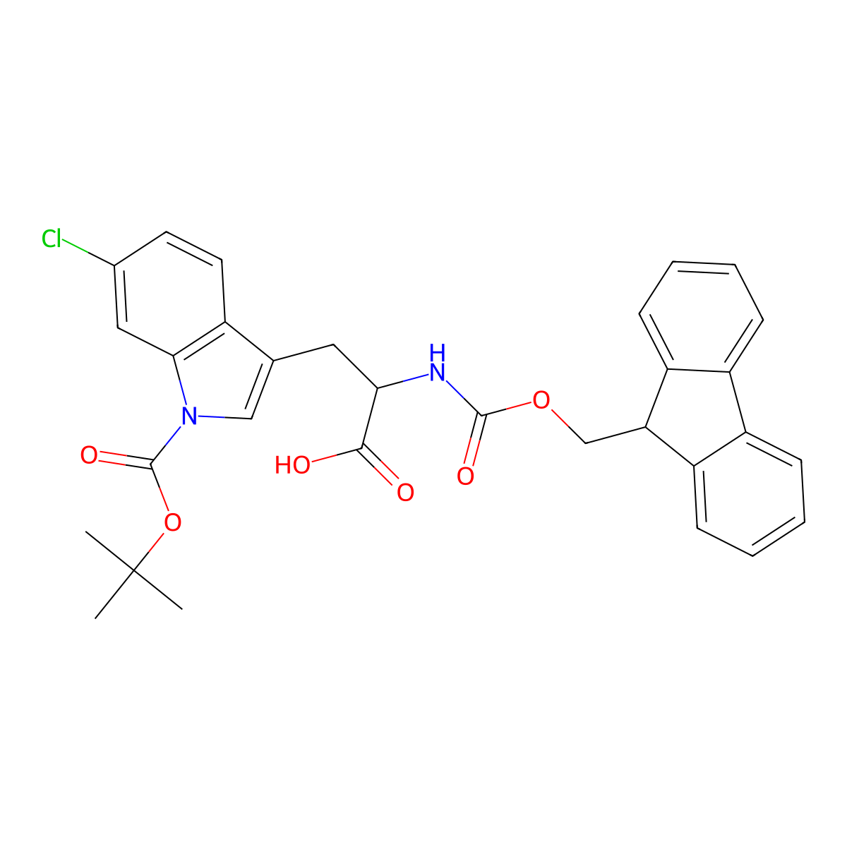 (S)-2-((((9H-fluoren-9-yl)methoxy)carbonyl)amino)-3-(1-(tert-butoxycarbonyl)-6-chloro-1H-indol-3-yl)propanoic acid molecular structure, CAS 1359748-23-4