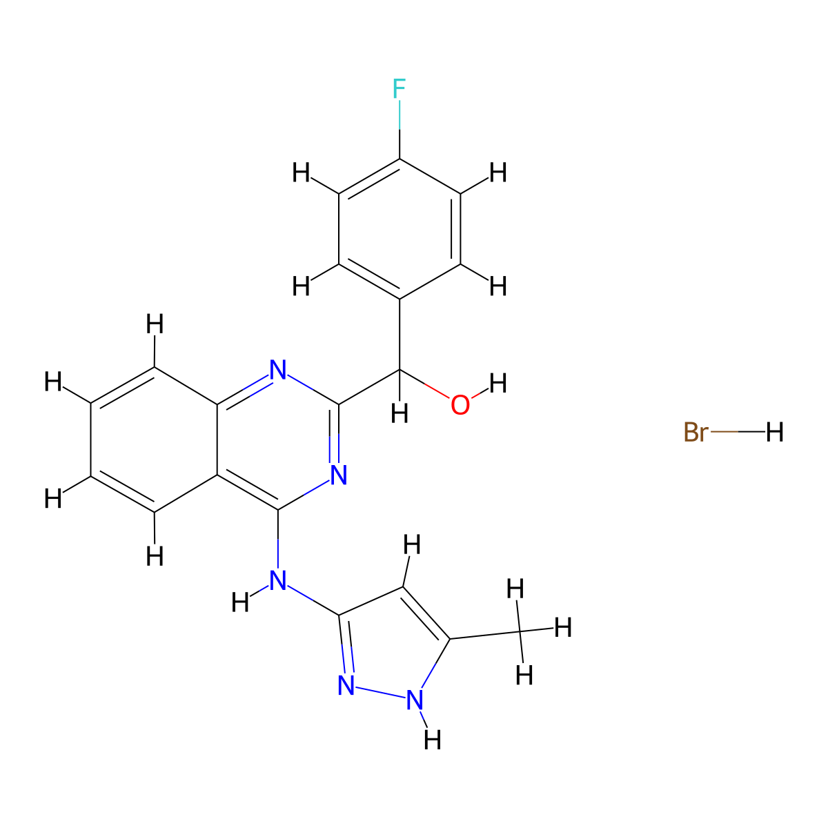 (4-Fluorophenyl)(4-((5-methyl-1H-pyrazol-3-yl)amino)quinazolin-2-yl)methanol hydrobromide molecular structure, CAS 1359828-49-1