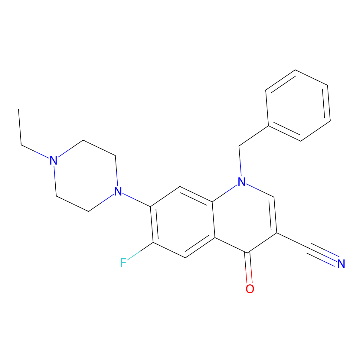 1-Benzyl-7-(4-ethylpiperazin-1-yl)-6-fluoro-4-oxoquinoline-3-carbonitrile molecular structure, CAS 1359864-76-8