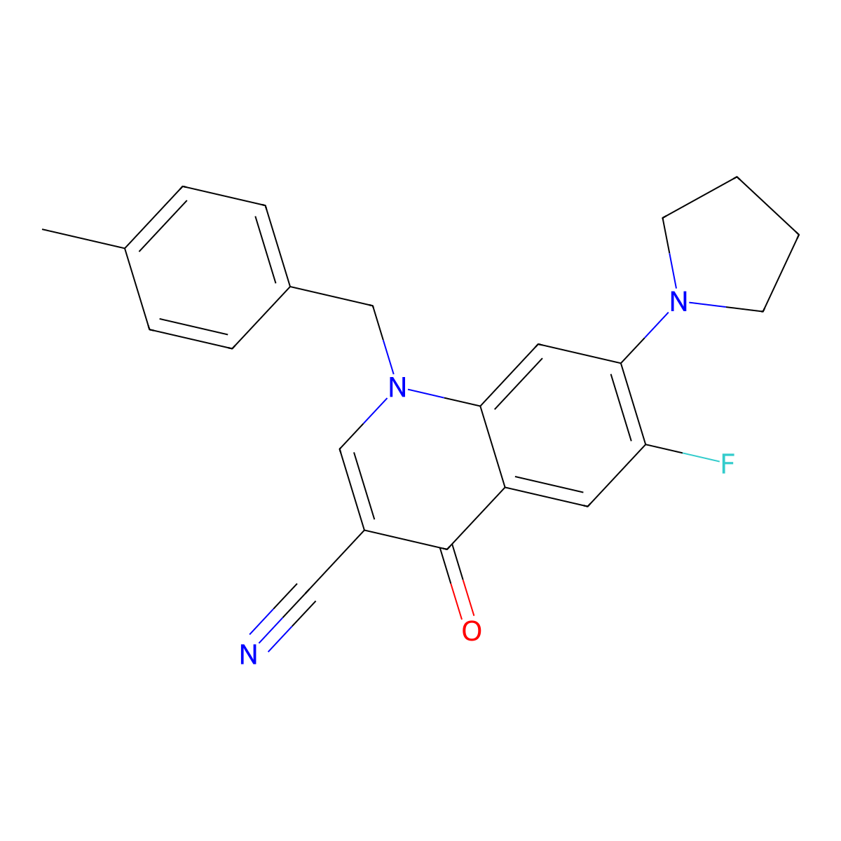 6-Fluoro-1-[(4-methylphenyl)methyl]-4-oxo-7-pyrrolidin-1-ylquinoline-3-carbonitrile molecular structure, CAS 1359864-78-0