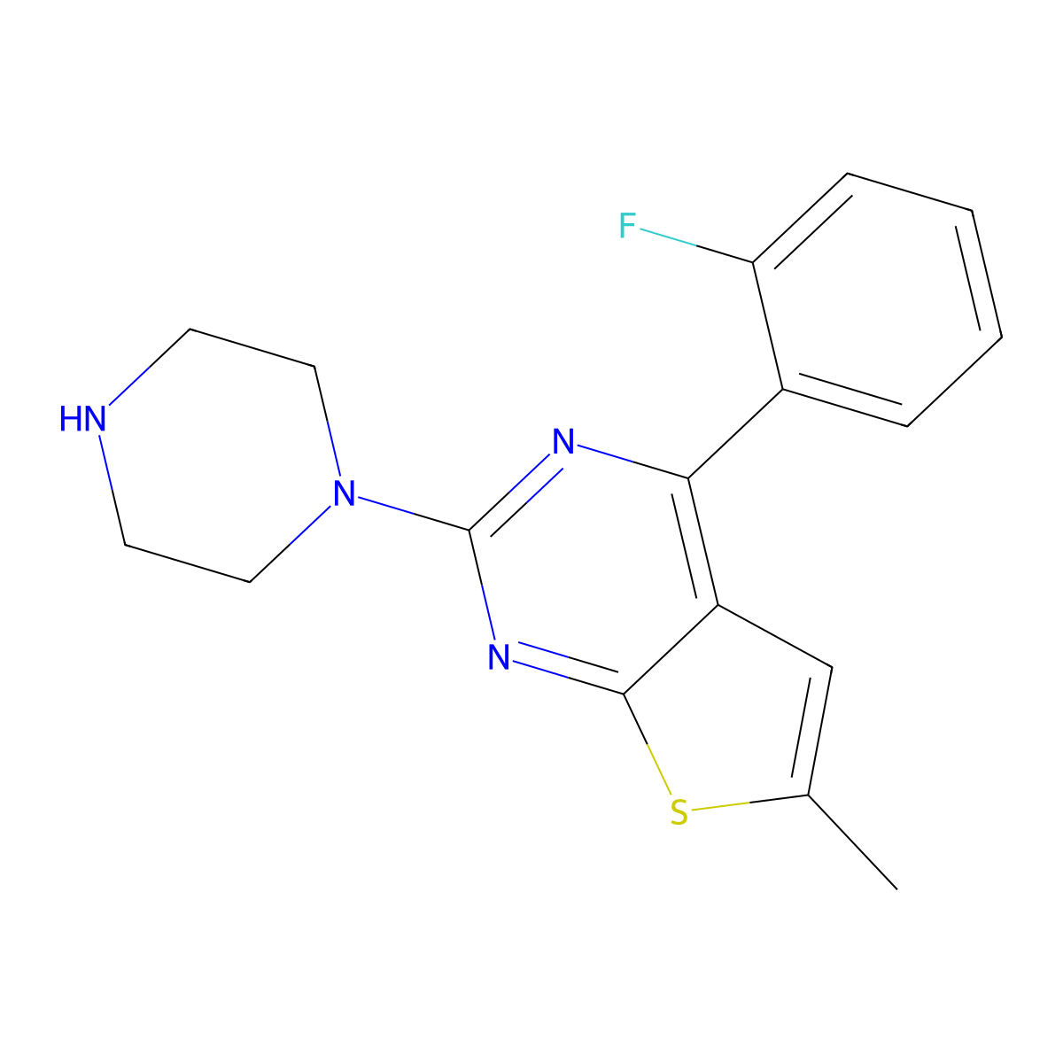 4-(2-Fluorophenyl)-6-methyl-2-(1-piperazinyl)thieno(2,3-d)pyrimidine molecular structure, CAS 135991-48-9
