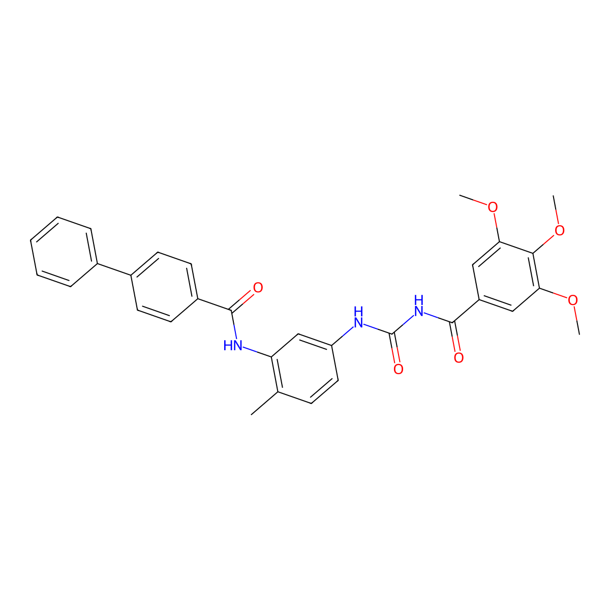 N-(2-Methyl-5-(3-(3,4,5-trimethoxybenzoyl)ureido)phenyl)-[1,1'-biphenyl]-4-carboxamide molecular structure, CAS 1359944-56-1