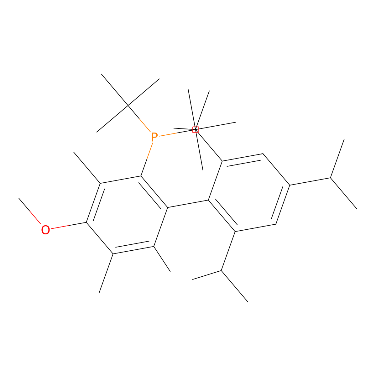 Bis(1,1-dimethylethyl)(4-methoxy-3,5,6-trimethyl-2',4',6'-tris(1-methylethyl)(1,1'-biphenyl)-2-yl)phosphine molecular structure, CAS 1359986-21-2