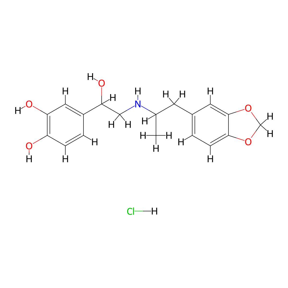 1,2-Benzenediol, 4-(2-((2-(1,3-benzodioxol-5-yl)-1-methylethyl)amino)-1-hydroxyethyl)-, hydrochloride (1:1) molecular structure, CAS 136-69-6