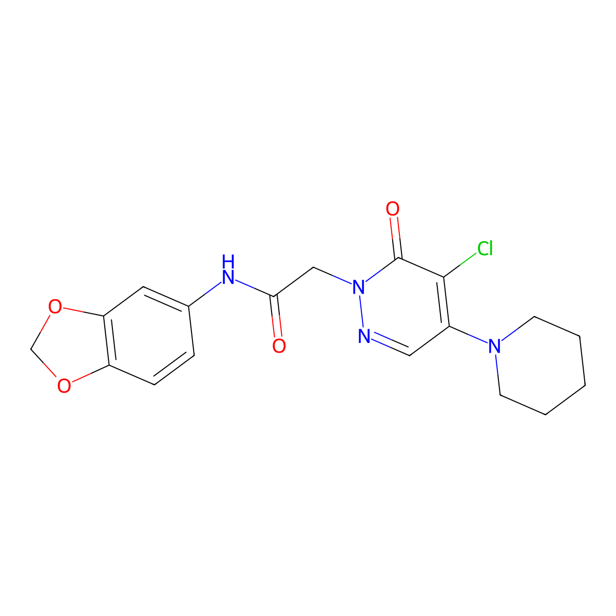 N-(1,3-benzodioxol-5-yl)-2-[5-chloro-6-oxo-4-(piperidin-1-yl)pyridazin-1(6H)-yl]acetamide molecular structure, CAS 1360244-36-5