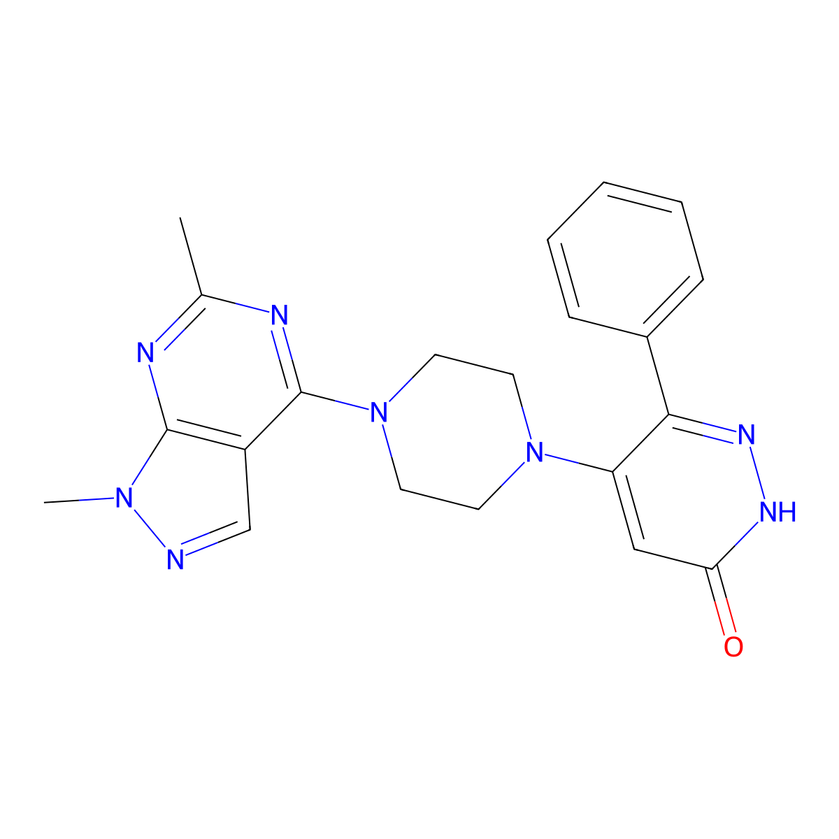 5-(4-{1,6-dimethyl-1H-pyrazolo[3,4-d]pyrimidin-4-yl}piperazin-1-yl)-6-phenyl-2,3-dihydropyridazin-3-one molecular structure, CAS 1360355-71-0