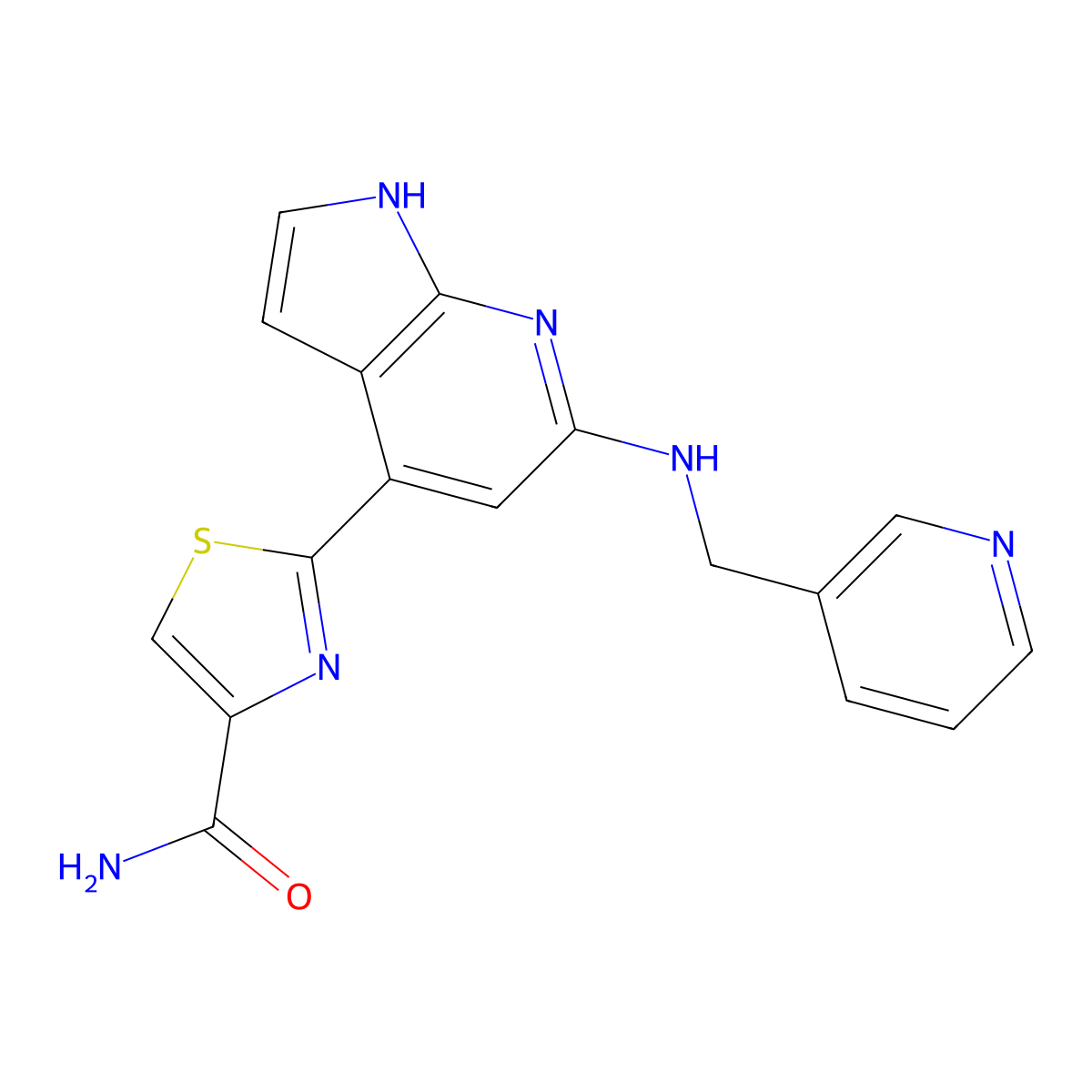 4-Thiazolecarboxamide, 2-[6-[(3-pyridinylmethyl)amino]-1H-pyrrolo[2,3-b]pyridin-4-yl]- molecular structure, CAS 1360364-22-2