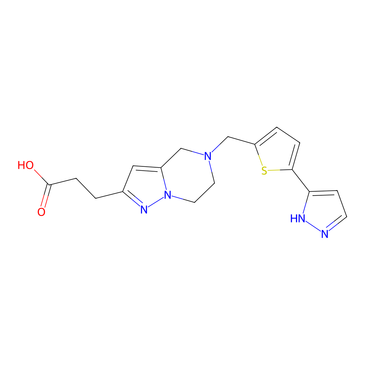 3-(5-((5-(1H-Pyrazol-3-yl)thiophen-2-yl)methyl)-4,5,6,7-tetrahydropyrazolo[1,5-a]pyrazin-2-yl)propanoic acid molecular structure, CAS 1360406-87-6