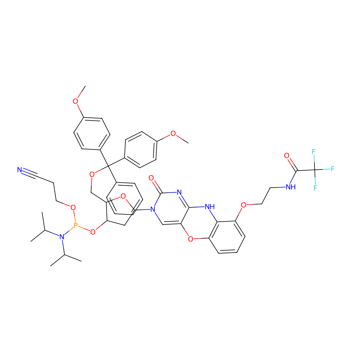 N-[2-[[3-[(2R,4S,5R)-5-[[bis(4-methoxyphenyl)-phenylmethoxy]methyl]-4-[2-cyanoethoxy-[di(propan-2-yl)amino]phosphanyl]oxyoxolan-2-yl]-2-oxo-10H-pyrimido[5,4-b][1,4]benzoxazin-9-yl]oxy]ethyl]-2,2,2-trifluoroacetamide molecular structure, CAS 1360536-91-9