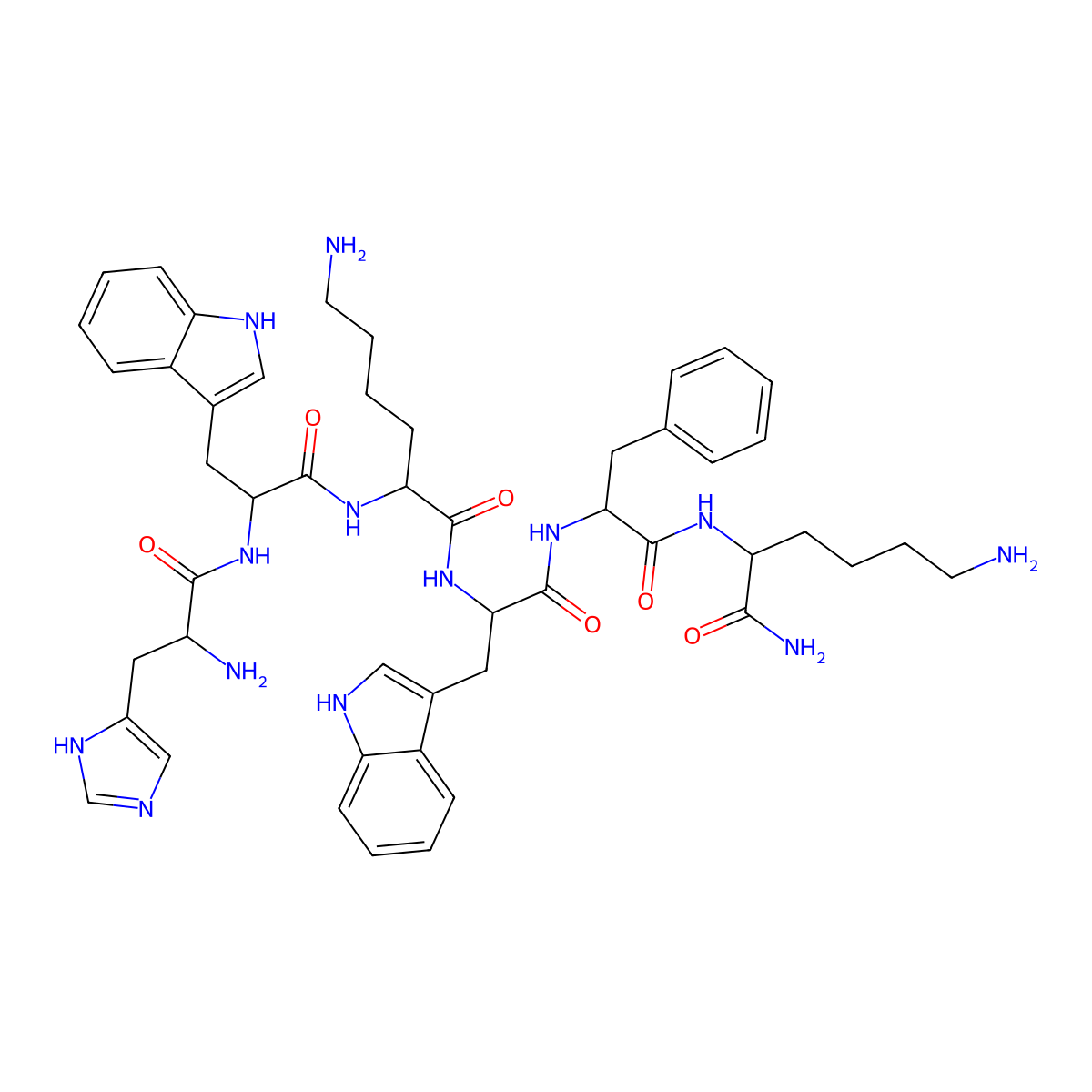 (2S)-6-amino-2-[[(2R)-2-[[(2S)-2-[[(2R)-6-amino-2-[[(2R)-2-[[(2S)-2-amino-3-(1H-imidazol-5-yl)propanoyl]amino]-3-(1H-indol-3-yl)propanoyl]amino]hexanoyl]amino]-3-(1H-indol-3-yl)propanoyl]amino]-3-phenylpropanoyl]amino]hexanamide molecular structure, CAS 136054-22-3
