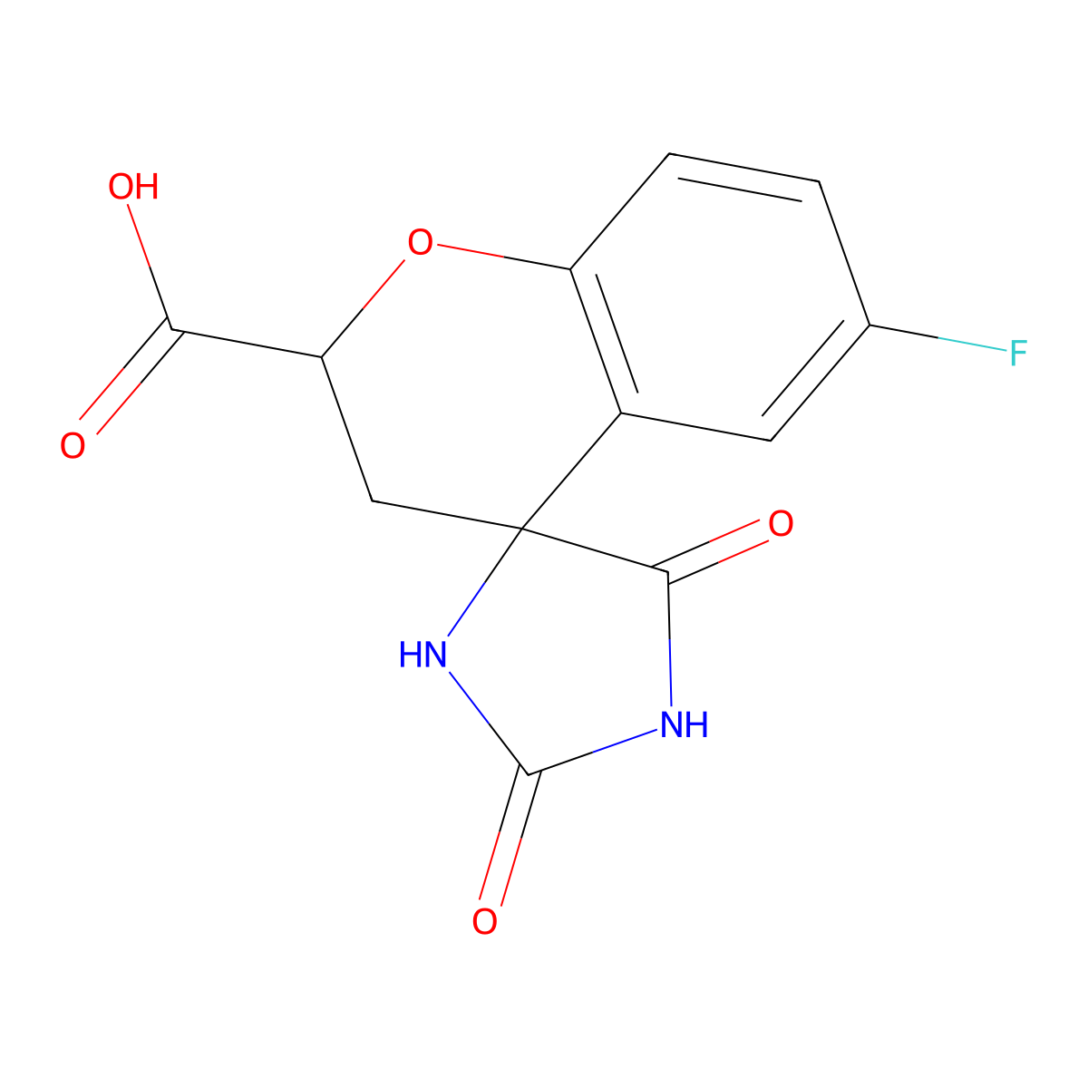 (2S,4S)-6-Fluoro-2,3-dihydro-2',5'-dioxospiro(4H-1-benzopyran-4,4'-imidazolidine)-2-carboxylic acid molecular structure, CAS 136087-84-8