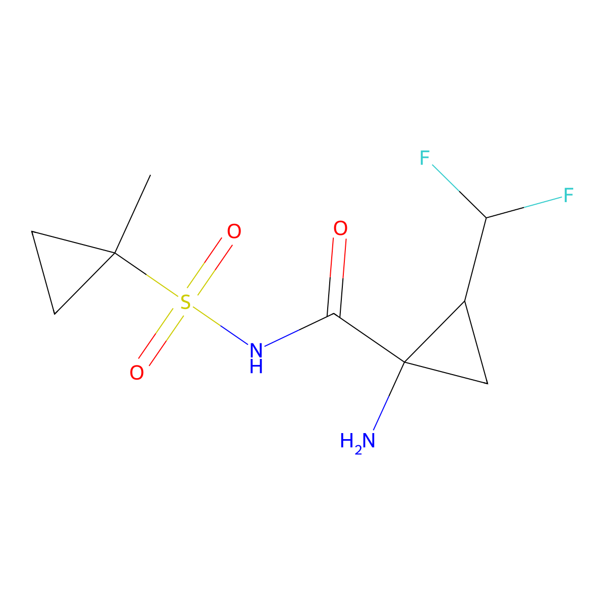 Cyclopropanecarboxamide, 1-amino-2-(difluoromethyl)-N-((1-methylcyclopropyl)sulfonyl)-, (1R,2R)- molecular structure, CAS 1360997-58-5