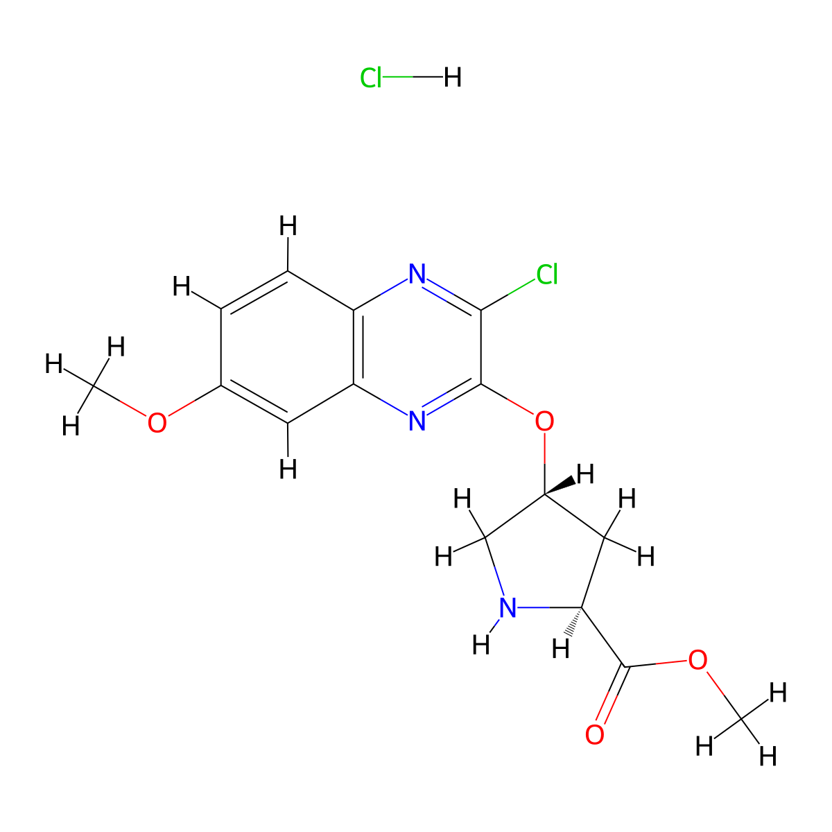 Methyl (2S)-4-((3-chloro-7-methoxyquinoxalin-2-yl)oxy)pyrrolidine-2-carboxylate hydrochloride molecular structure, CAS 1361028-94-5