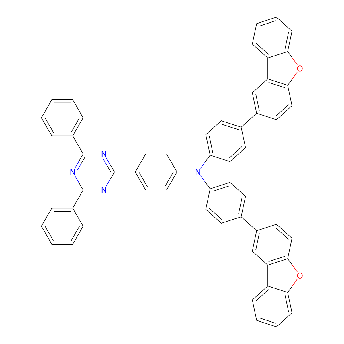 3,6-Bis(dibenzo[b,d]furan-2-yl)-9-(4-(4,6-diphenyl-1,3,5-triazin-2-yl)phenyl)-9H-carbazole molecular structure, CAS 1361094-87-2