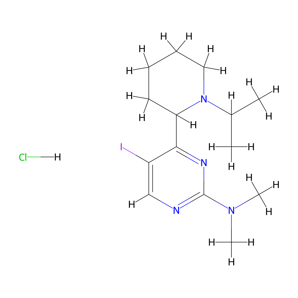 5-iodo-4-(1-isopropylpiperidin-2-yl)-N,N-dimethylpyrimidin-2-amine hydrochloride molecular structure, CAS 1361111-92-3