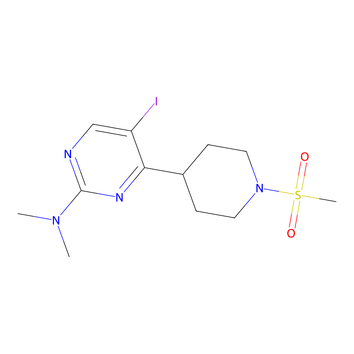 5-Iodo-N,N-dimethyl-4-(1-(methylsulfonyl)piperidin-4-yl)pyrimidin-2-amine molecular structure, CAS 1361111-99-0